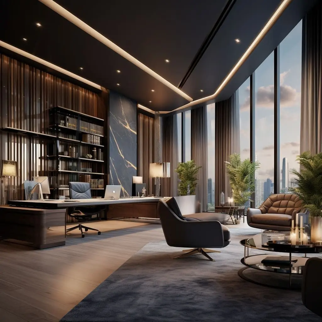 Modern CEO Office Interior Design with Curated Art Pieces and Expansive